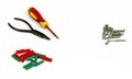 Screwdriver, pliers, screws and plastic dowels Royalty Free Stock Photo