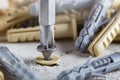 screwdriver screw and dowel in a concrete wall background