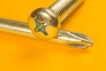 Screwdriver with screw on a yellow background