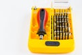 Screwdriver set in the box, different screwdrivers, workshop instrument