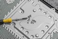 Screwdriver and small screws on perforated metal cover. Electronic components disassembly for upgrade Royalty Free Stock Photo