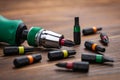 Screwdriver tips different shapes and sizes. Manual screwdriver and set of the interchangeable bits Royalty Free Stock Photo