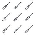 Screwdriver tool icons set, outline style