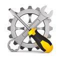 Screwdriver and turnscrew and gear on white background. Isolated 3D illustration