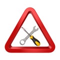 Screwdriver and turnscrew into red triangle on white background. Isolated 3D illustration