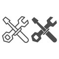 Screwdriver and wrench line and glyph icon. Construction tools vector illustration isolated on white. Repair outline