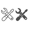 Screwdriver and wrench line and solid icon, bicycle concept, repairing tools sign on white background, crossed Royalty Free Stock Photo