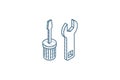 screwdriver, wrench tool, setup, settings isometric icon. 3d line art technical drawing. Editable stroke vector