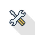 Screwdriver, wrench tool, setup, settings thin line flat color icon. Linear vector symbol. Colorful long shadow design.