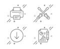 Screwdriverl, Printer and Scroll down icons set. Report document sign. Vector