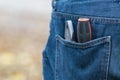 Screwdrivers in the pocket of blue jeans Royalty Free Stock Photo