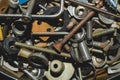 Screws background. heap of tapping screws. work tool. pile of fasteners. bolts and nuts. metal scrape Royalty Free Stock Photo