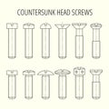 Screws with countersunk head. Different types of head and length