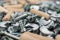 Close-up photo of assorted screws for furniture assembly on the wooden table Royalty Free Stock Photo