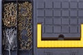 Screws and nails in plastic box close up. Royalty Free Stock Photo