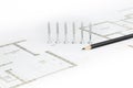 Screws, pencil and architectural sketch Royalty Free Stock Photo
