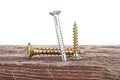 Screws screwed into old wooden plank, white background Royalty Free Stock Photo