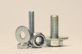 Screws with Washers and Nuts standing and lying on the Ground Royalty Free Stock Photo