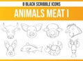 Scribble Black Icon Set Animals Meat I