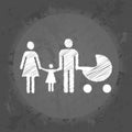 Scribble icon Mom and Dad with his daughter and baby in stroller on gray vintage background . Royalty Free Stock Photo