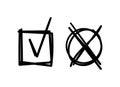 Scribble pen drawn check marks. Doodle tickbox and cross in a round shape. Agree or disagree sign. Vector illustration