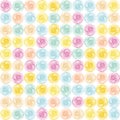 Scribbled ink line circle vector seamless pattern background. Colorful backdrop with brush stroke scribble swirls in