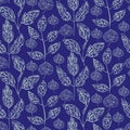 Scribbled leaf vector seamless background pattern. Cobalt blue white background with line art leaves. Textural design