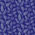 Scribbled leaf vector seamless background pattern. Cobalt blue white background with line art leaves. Textural design