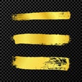 Gold grunge brush strokes. Set of three painted ink stripes