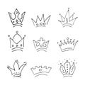 Set of nine simple sketch queen or king crowns