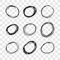 Hand drawn scribble circles.  Set of nine black doodle round circular design elements Royalty Free Stock Photo