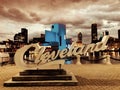 A script Cleveland sign in front of Downtown Cleveland - OHIO