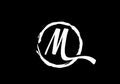 Script letter M in a brush circle on black background, Monogram Calligraphy hand drawn alphabet initials and brush circle