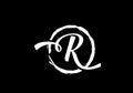 Script letter R in a brush circle on black background, Monogram Calligraphy hand drawn alphabet initials and brush circle