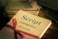 Script Old retro grunge screenplay manuscript proofread by author Royalty Free Stock Photo