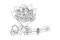 Scroll with bouquet of roses and engaged ring continuous line drawing. One line art of letter, flowers, romantic, 14