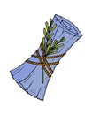 Scroll with branch of rosemary tied with rope, witchcraft, conspiracies, spells, halloween attribute, hand drawn doodle Royalty Free Stock Photo