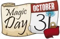 Scroll with Calendar, Ribbon and Padlock for Magic Day Celebration, Vector Illustration