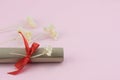 Scroll decorate with white dried flowers on pastel pink background