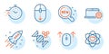 Scroll down, Chemistry dna and Notebook service icons set. Startup rocket, Atom and Swipe up signs. Vector