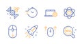 Scroll down, Chemistry dna and Notebook service icons set. Startup rocket, Atom and Swipe up signs. Vector