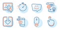 Scroll down, Communication and Timer icons set. Cogwheel, Smile face and Load document signs. Vector