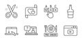 Scroll down, Faq and Correct checkbox icons set. Scissors, Video content and Love letter signs. Vector