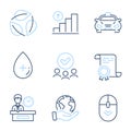 Scroll down, Leaves and Presentation time icons set. Taxi, Oil serum and Graph chart signs. Vector