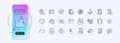 Scroll down, Swipe up and Smile line icons for web app. Pictogram icon. Phone mockup gradient screen. Vector