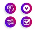 Scroll down, Timer and Writer icons set. Checkbox sign. Swipe arrow, Stopwatch, Copyrighter. Approved tick. Vector
