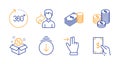 Scroll down, Touchscreen gesture and 360 degrees icons set. Share, Coins and Savings signs. Vector
