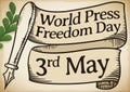 Scroll, Fountain Pen and Olive Branch for Press Freedom Day, Vector Illustration
