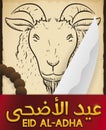 Scroll with Goat, Knife and String Beads for Eid al-Adha, Vector Illustration