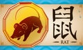 Scroll with Medal and Chinese Zodiac Rat over Watery Background, Vector Illustration